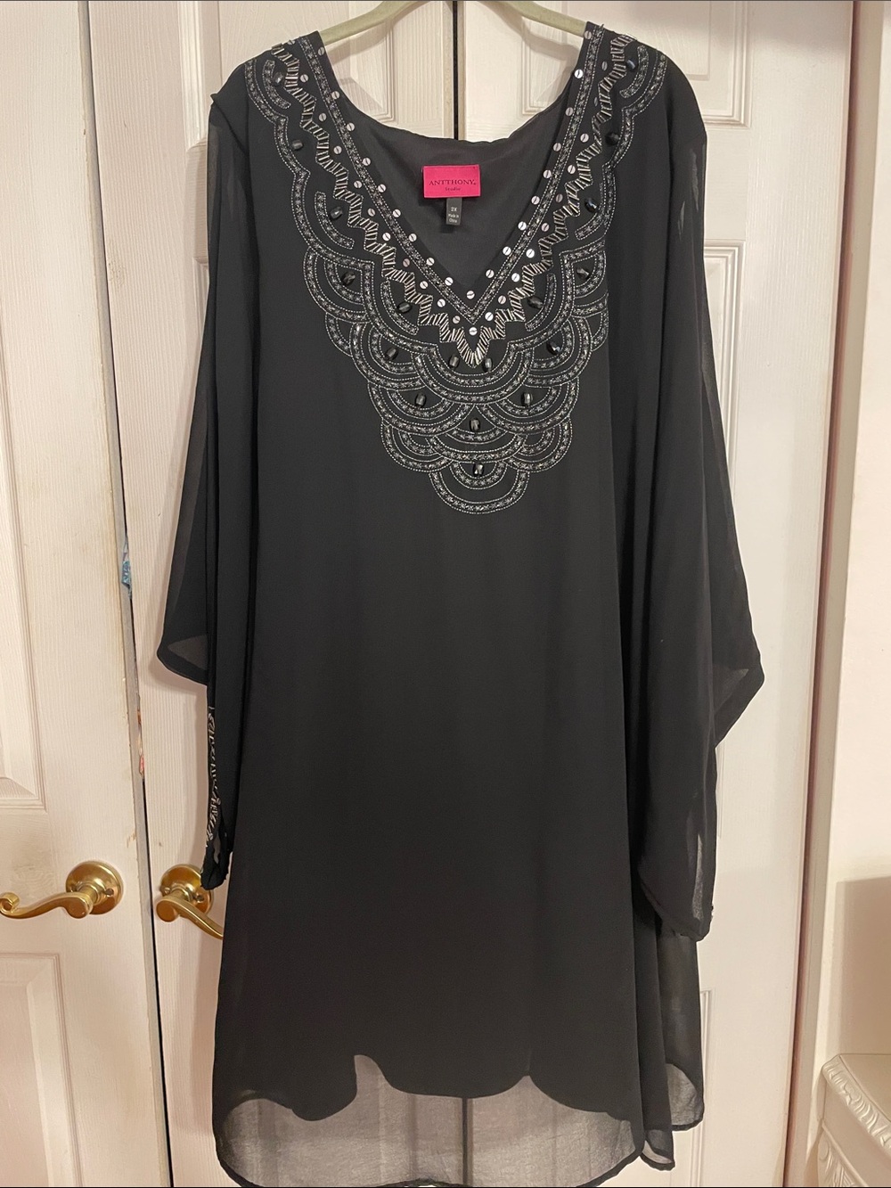 Antthony 3X Black Long Sleeve Beaded Neckline and Sleeve Dress